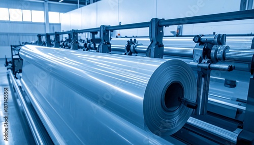 Large rolls of shiny material on industrial machinery, bathed in cool, bluish light