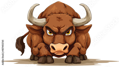 Angry Brown Bull Cartoon Vector with Outline Isolated on White Background