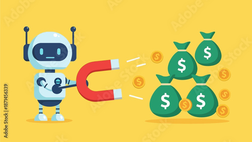 A smart robot pulling money bags and dollar coins with a magnet, symbolizing artificial intelligence attracting income, profit automation, and smart digital finance