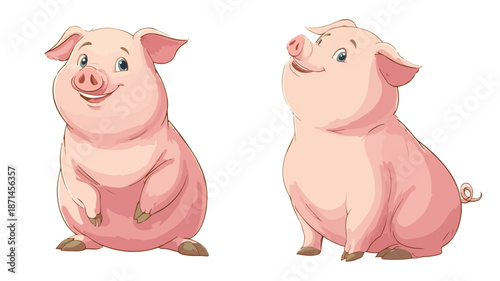 Charming Cartoon Fat Pig Posing Sitting Vector with Outline Isolated