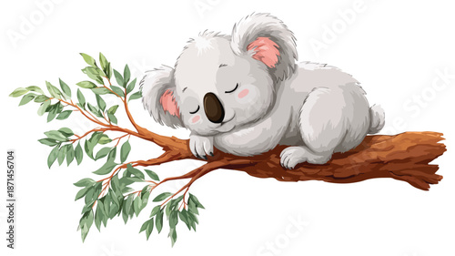 Cute Cartoon Koala Sleeping on Tree Vector with Outline, Isolated Illustration