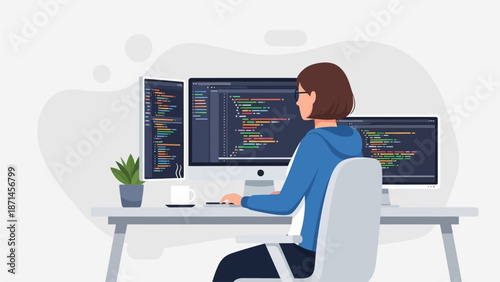 Female Software Developer Working on Multiple Computer Screens