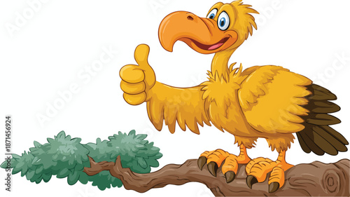 Vulture Cartoon on Tree with Thumbs Up Vector Illustration