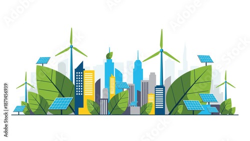 Sustainable cityscape with wind turbines and solar panels among green leaves, Generative AI.