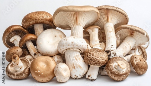 Close-up of various edible mushrooms, showcasing textures and shapes, on a white surface