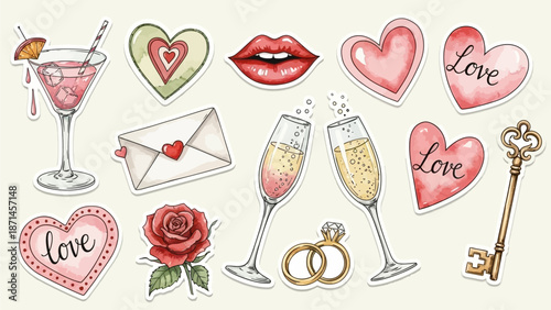 Watercolor love stickers, Valentine Day party decoration print, hand drawn wedding bachelorette icon. Retro holiday romantic date collage design elements, cocktail champagne glass, lips. Love stickers