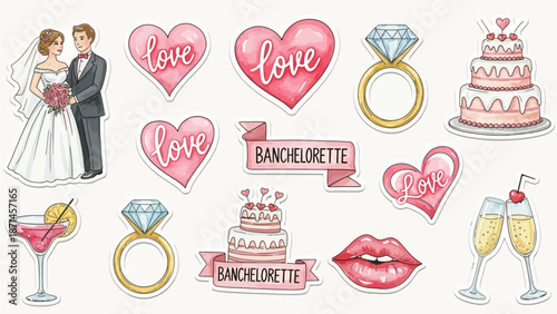 Watercolor love stickers, Valentine Day party decoration print, hand drawn wedding bachelorette icon. Retro holiday romantic date collage design elements, cocktail champagne glass, lips. Love stickers