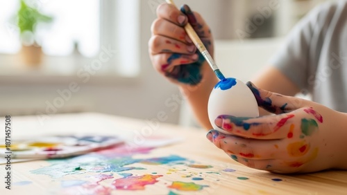 Kid holding a paintbrush and carefully coloring an Easter egg surface.