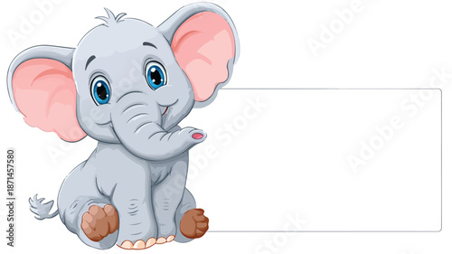 Adorable Baby Elephant Cartoon Holding Blank Sign Vector Illustration