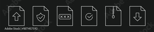 Vector Outline File Management Icon Set Featuring Upload, Secure Shield, Password Protected, Verified Checkmark, Compressed Zip, and Download Document Symbols