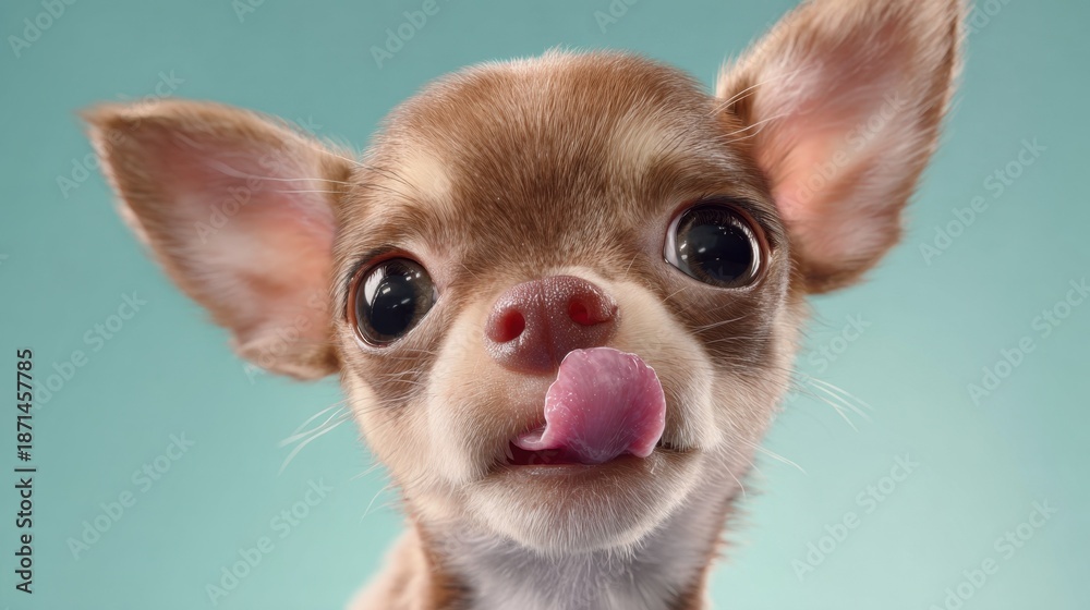 Fototapeta premium chihuahua, puppy, dog, cute animal, tongue out, funny, pet, portrait, close up, small dog, pink background, adorable, playful, ai