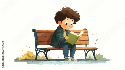Adorable Boy Reading Book on Bench Cartoon Vector Illustration
