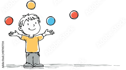 Cute Boy Juggling Small Balls Vector Outline Illustration