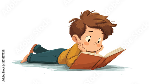 Adorable Child Reading Book in Vector Art with White Background