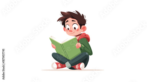 Adorable Young Boy Reading Book Vector Illustration Isolated on White Background