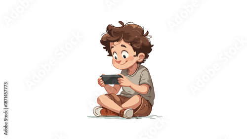 Cute Boy Playing Mobile Game Cartoon Vector Illustration with Outline