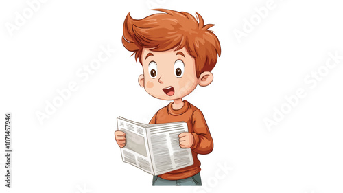 Adorable Cartoon Boy with Newspaper - Vector Illustration