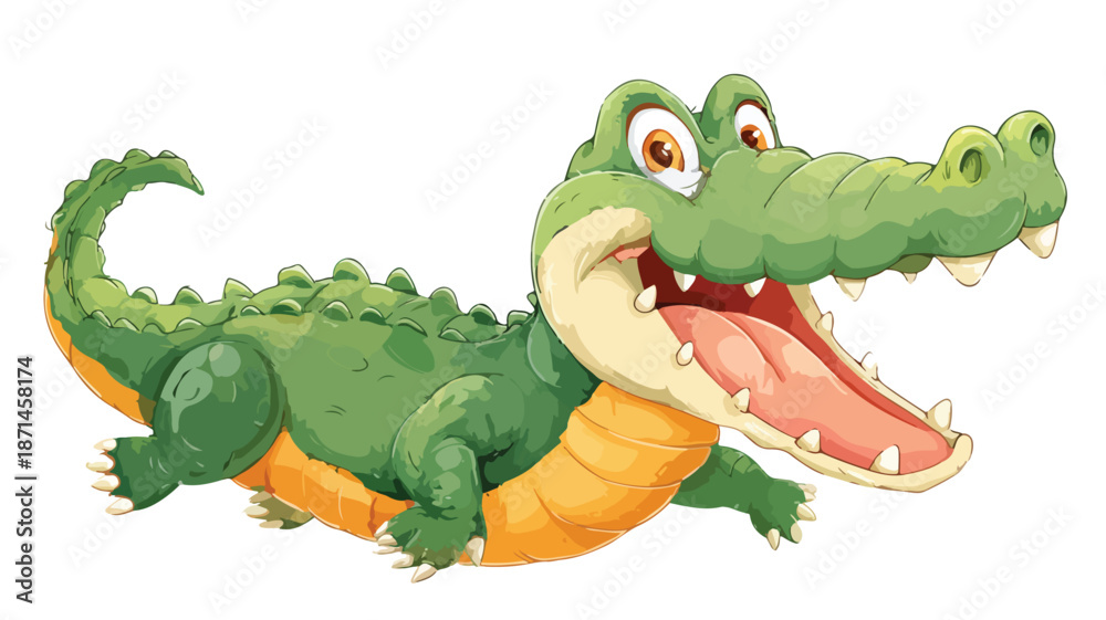 Obraz premium Adorable Crocodile Cartoon Waving Vector with Outline Isolated Illustration