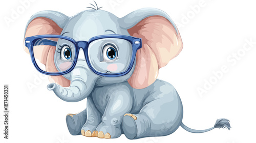 Adorable Elephant Cartoon Wearing Glasses Vector with Outline Illustration