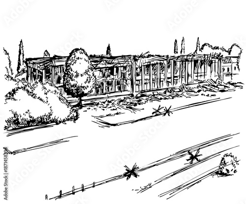 Vector illustration of a building destroyed by an explosion.