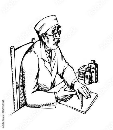 Doctor at the desk. Vector illustration.