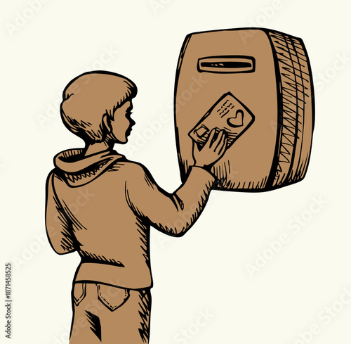 Vector drawing. Boy sends letter