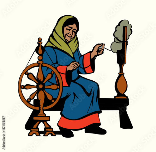 Vector drawing. Grandmother with a Spindle