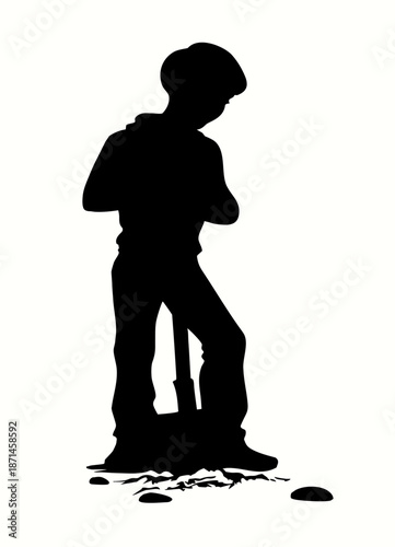 Vector drawing. A boy digging a soil