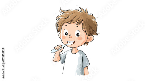 Adorable Little Boy Brushing Teeth Vector Illustration Isolated on White Background