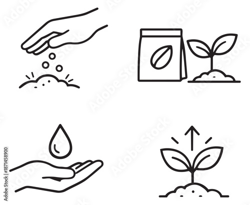 Line art plant growth set featuring hands, seeds, and sprouting plants for gardening
