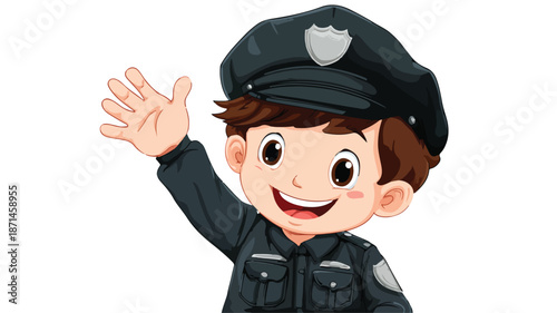 Adorable Police Boy Waving Cartoon Vector with Outline Isolated Image