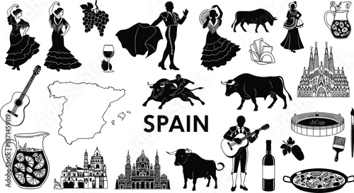 Spain, travel, icons, flamenco, dancers, bullfighting, guitar, wine, grapes, paella, sangria, landmarks, sagrada, familia, cathedral, silhouettes, culture, tourism, illustration, vector