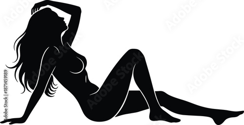 Elegant woman silhouette reclining pose, fashion beauty concept black and white vector illustration isolated modern female artwork design