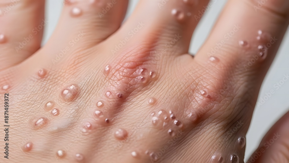 Fototapeta premium Close-up of human skin showing small fluid-filled blisters or viral rash on the hand