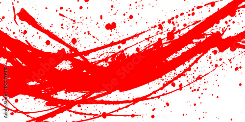 Red grunge background with paint splashes and blood red ink splatters creates a dirty textured vector illustration design featuring artistic stains and droplets for a decorative pattern wallpaper