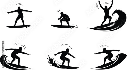 Surfer silhouette action set, surfing poses riding waves extreme sport black and white vector illustration collection isolated