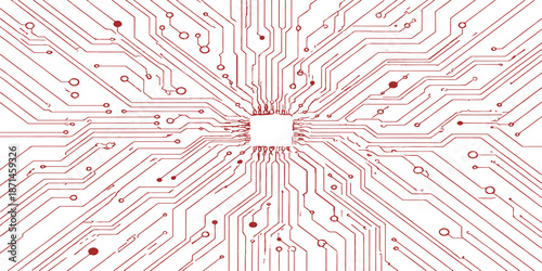 Seamless vector illustration featuring a creative floral design integrated with a digital motherboard circuit pattern to create a high-tech electronic microchip texture wallpaper