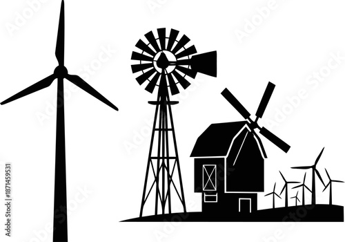 Windmills and Farmhouse Illustration