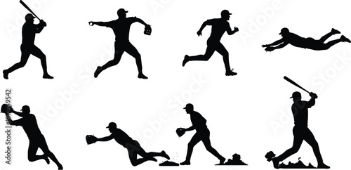 Baseball player action silhouettes illustration set, batting pitching running catching poses, professional sport movements isolated on white background