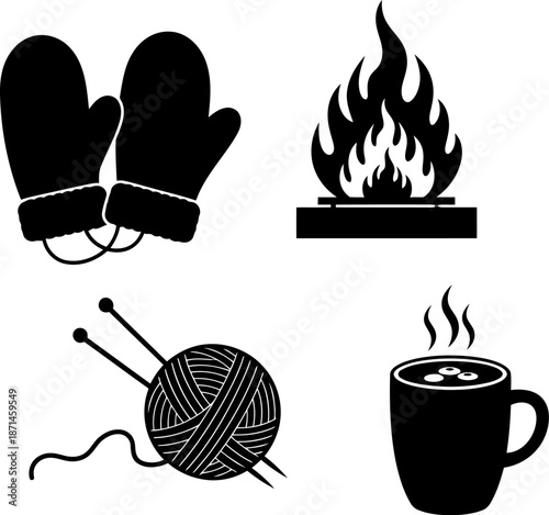 winter comfort icons with mittens fire yarn and hot coffee
