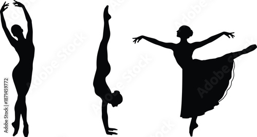 Ballet dancer silhouettes illustration, graceful female dance poses, classical choreography movement art isolated on white background vector design