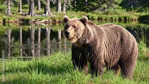 Brown bear standing near water in natural environment