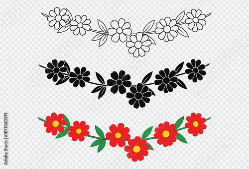 Floral wreath designs in various styles and colors on transparent background