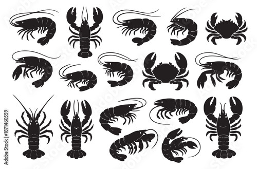 Silhouette seafood set featuring shrimp, lobster, crab, and crayfish for menus and branding
