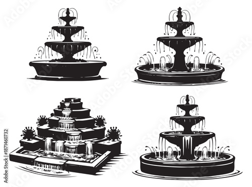 Hand drawn line art fountain set featuring various tiered and cascading designs for outdoor decoration and landscaping