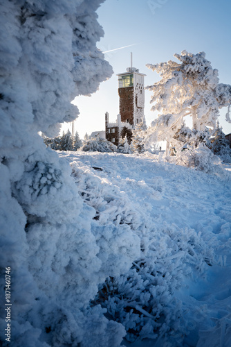 Winter View of the Hornisgrinde Tower: Snow-Covered Landscape in the Black Forest 