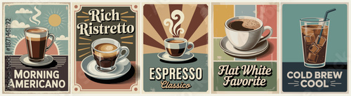 Retro-style posters showcasing four distinct coffee drinks with vintage textures, mid-century design, and warm, inviting color palette.