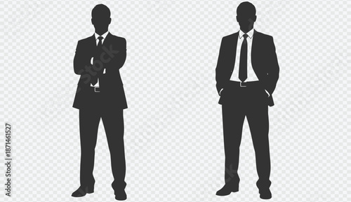 Two businessmen standing in formal attire with different postures against a transparent background