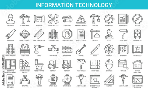 Information technology and engineering line icon set featuring construction tools, blueprint, CAD software, industrial equipment, safety, architecture, maintenance, manufacturing workflow concepts