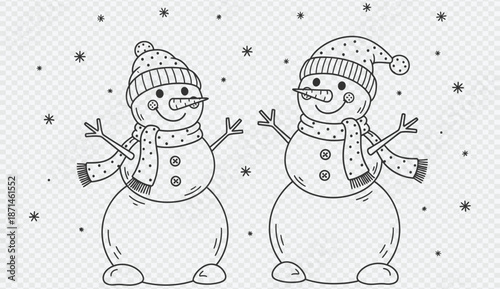 Two happy snowmen standing together in snowy weather wearing scarf and hat